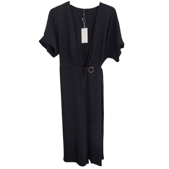 Mango Women's Black Midi Wrap Dress Hoop Detail Short Sleeve V Neck Size 6/M NWT - Picture 1 of 9